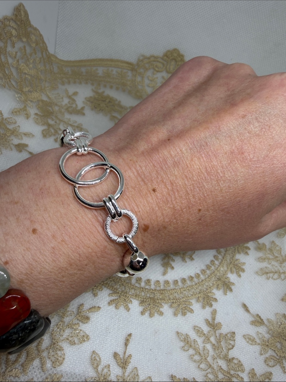 925 Sterling Silver Oversized Globe & Ring Toggle Bracelet 80s Sculptural